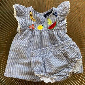 Andy & Evan seersucker dress with fruit appliqués and diaper cover size 0-3 mos